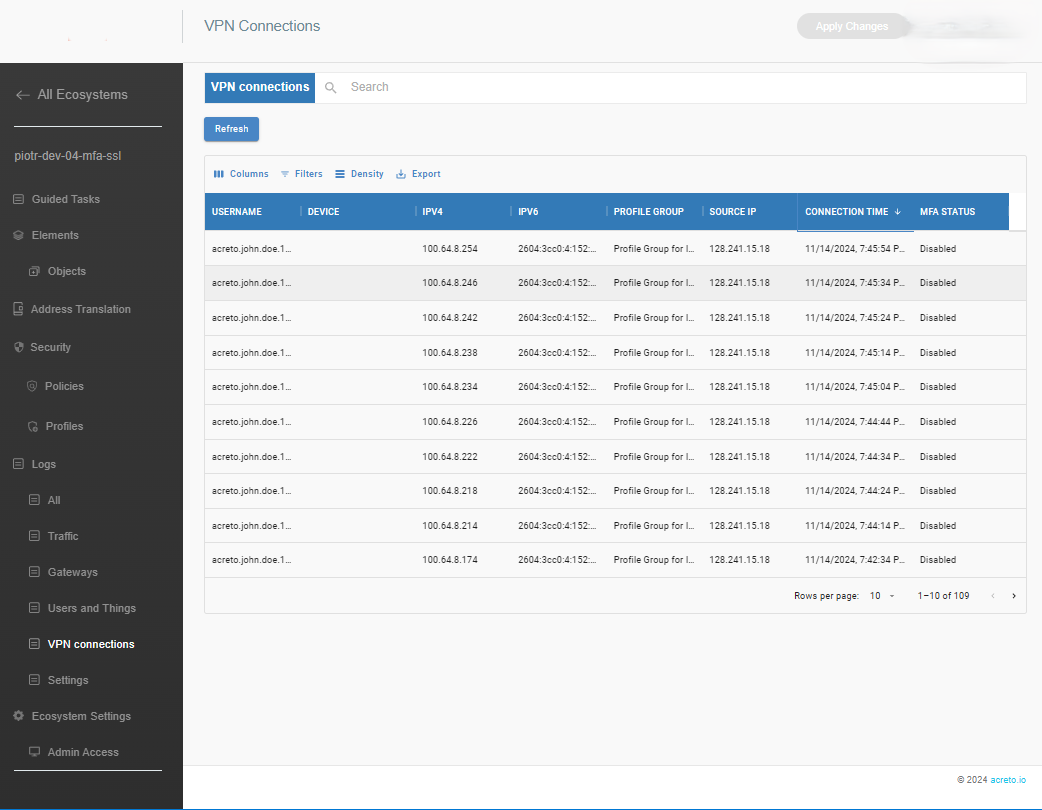 Logs - VPN Connections Panel