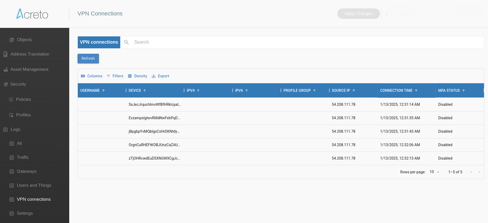 Logs - VPN Connections Panel